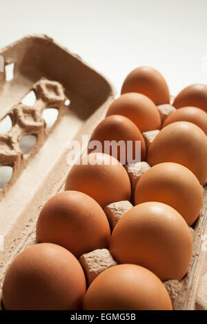 Fresh free-range eggs in recycled paper carton. Stock Photo