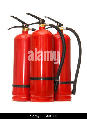 New blank red fire extinguishers in closeup Stock Photo