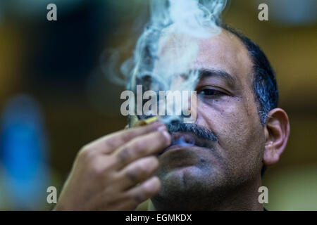 Havana, Cuba. 26th Feb, 2015. A contestant participates in the longest ash competition during the annual cigar festival in Havana, Cuba, on Feb. 26, 2015. The 17th Habanos festival, the world's largest Cuban cigar festival, opened this week in Havana. Credit:  Liu Bin/Xinhua/Alamy Live News Stock Photo