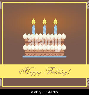 Flat Design Happy Birthday Greeting Card with Chocolate Cake, Whipped Cream and Blue Burning Candles Placed in Abstract Frame Plus Congratulation Words on Brown Background Stock Photo