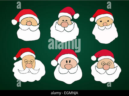 Funny Hand Drawn Santa Clauses Set on Dark Green Background Stock Photo