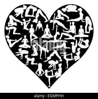 A heart shape made from silhouettes in yoga or pilates poses, concept for a love of the exercise or sport of yoga or pilates Stock Photo