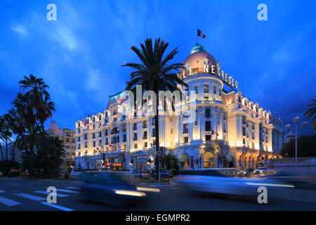 Hotel Le Negresco on the Promenade des Anglais in the evening, Nice, Alpes-Maritimes department, Cote d&#39;Azur, France Stock Photo