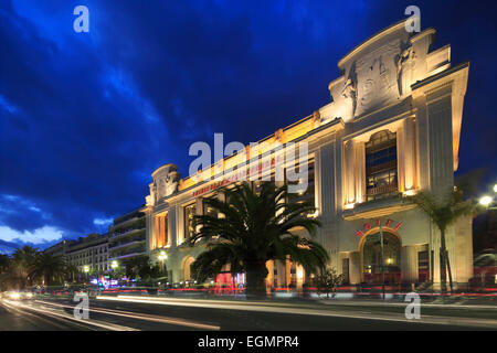 Hotel and Casino Palais de la Méditerranée on the Promenade des Anglais in the evening, Nice, Alpes-Maritimes department Stock Photo