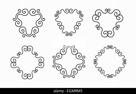 Set of Elegant Vector Black Twirl Calligraphic Line Frames on White Background Stock Photo