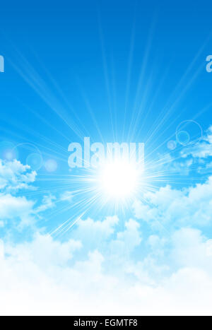 Spring sunrise. The sun breaking through white clouds in blue sky Stock Photo