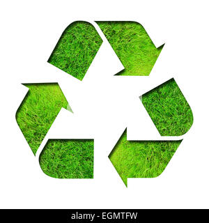 Recycle three arrows sign upon a green grass background, isolated on white Stock Photo