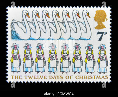 Postage stamp. Great Britain. Queen Elizabeth II. 1977. The Twelve Days of Christmas. 7p. Stock Photo
