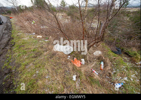 Discarded lay-by roadside litter on the A95 trunk road, so much for keep Scotland beautiful campaign.   SCO 9593. Stock Photo