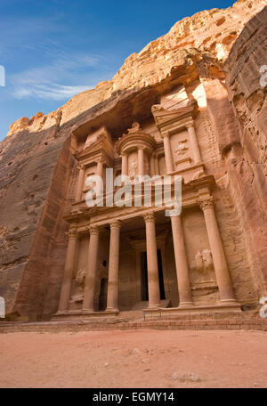 The treasury is also called Al Khazna, it is the most magnificant and famous facade in Petra Jordan Stock Photo