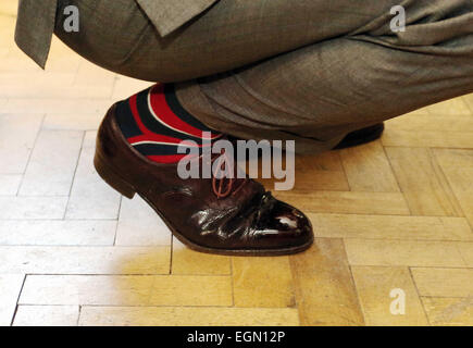 Ammanford, Carmarthenshire, Wales, UK. 27th February, 2015. HRH Prince Charles has visited the new extenison of the Corgi Hosiery factory in Ammanford, Carmarthenshire, Wales, UK.   Pictured: The Royal Dragoon Guards socks, worn by Prince Charles during his visit  Credit:  D Legakis/Alamy Live News Stock Photo