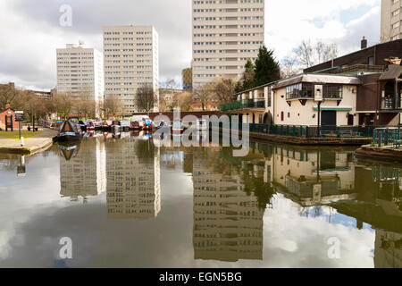 Blocks of high rise flats overlooking Cambrian Wharf in Birmingham UK Stock Photo