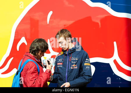 Barcelona, Spain. 27th Feb, 2015. Nico Rosberg (Mercedes Petronas), during day two of the final Formula One Winter Testing at Circuit de Catalunya (Barcelona) on February 27, 2015 in Montmelo, Spain. Foto: S. Daniil Kvyat (Red Bull) sign a autogram to the fans, during day two of the final Formula One Winter Testing at Circuit de Catalunya (Barcelona) on February 27, 2015 in Montmelo, Spain. Foto: S. Stock Photo