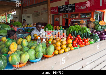 A farmer's market with fruits and vegetables displayed in Fiji. Stock Photo