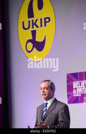 Margate, Kent, UK. 27th February 2015. UKIP party leader, Nigel Farage MEP, speaks to the conference in Margate. The UKIP Spring Conference takes place at the Winter Gardens in Margate. Credit:  Matthew Chattle/Alamy Live News Stock Photo