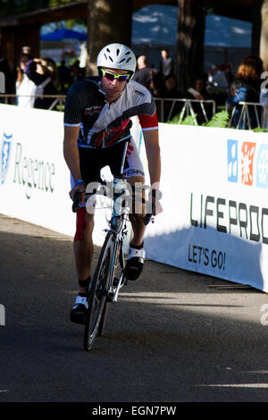 COEUR D ALENE, ID -  JUNE 23: Triathlete on the bike part of the ironman triathlon, June 23 2013 in Coeur d' Alene Idaho Stock Photo