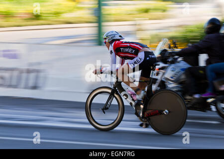 COEUR D ALENE, ID -  JUNE 23: Triathlete on the bike part of the ironman triathlon, June 23 2013 in Coeur d' Alene Idaho Stock Photo