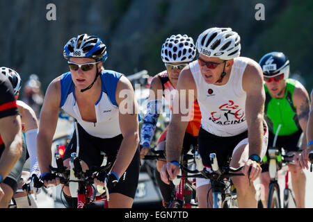 COEUR D ALENE, ID -  JUNE 23: Triathlete on the bike part of the ironman triathlon, June 23 2013 in Coeur d' Alene Idaho Stock Photo