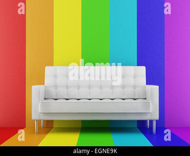 white couch in front of rainbow multicolored wall Stock Photo