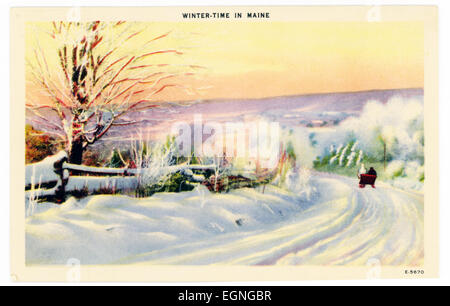 This 1930s postcard shows winter time in Maine, a state in the far northeast of the United States. A horse is pulling a carriage-sled along a snowy unplowed road. The tracks in the snow and the snow on the trees suggest that it is newly fallen snow. Stock Photo