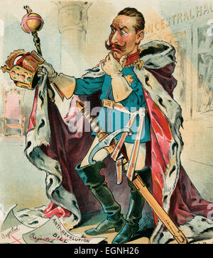 A puzzled Kaiser - William II, the German Emperor, wearing a robe and large sword, holding a crown and a scepter, and looking puzzled over why these symbols of authority no longer command the respect he thinks they deserve. Political cartoon 1895 Stock Photo