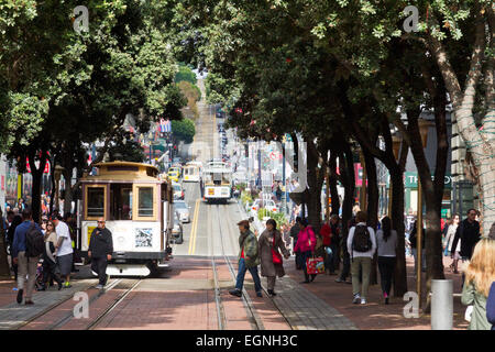 Looking up Powell Street in San Francisco with cable cars. Stock Photo