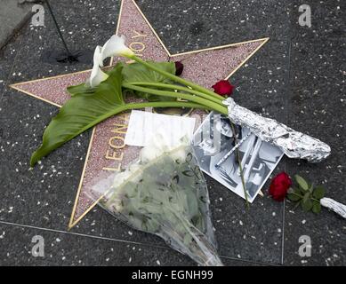 Los Angeles, California, USA. 27th Feb, 2015. People pay their respects with flowers and photographs at the Hollywood Walk of Fame star of Leonard Nimoy. Nimoy, famous for playing Mr. Spock in 'Star Trek' died Friday of end-stage chronic obstructive pulmonary disease. He was 83. © Ringo Chiu/ZUMA Wire/Alamy Live News Stock Photo