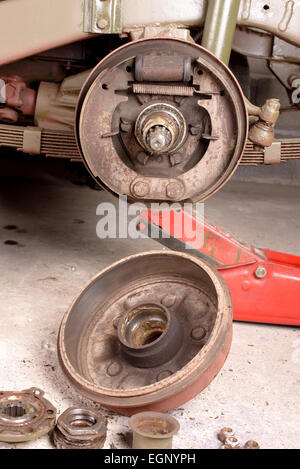 a drum brake jeep disassembled in a garage Stock Photo