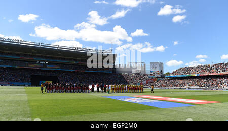 Eden Park, Auckland, New Zealand. 28th Feb, 2015. A general view as the team line up for the anthems during the ICC Cricket World Cup match between New Zealand and Australia at Eden Park in Auckland, New Zealand. Saturday 28 February 2015. Credit:  Action Plus Sports/Alamy Live News Stock Photo