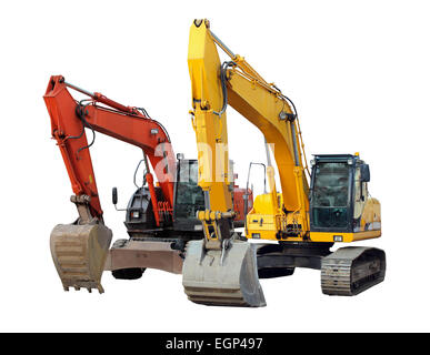 two modern excavators isolated on the white background Stock Photo