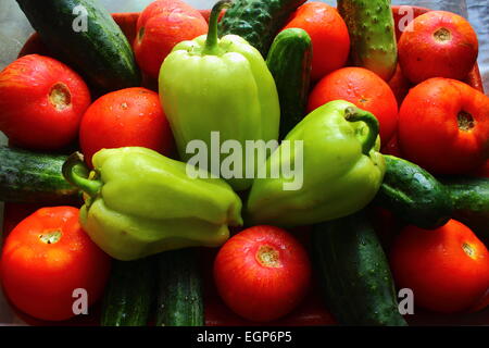 on the table are whole fresh vegetables as tomatoes, cucumbers, peppers Stock Photo