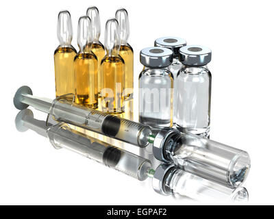 Medicine concept. Syringe and ampoules or vials isolated on white. 3d Stock Photo