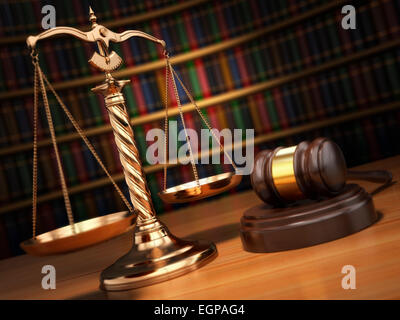 Justice concept. Gavel,  golden scales and books in the library with dof effect.  3d Stock Photo
