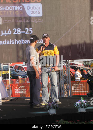 Nad Al Sheba Dubai 2015 winner Derrick Mein from the USA at the second revised edition of Nad Al Sheba Desert Shooting Competition Dubai with participation of 1000 clay pigeon shooters from all over the world from the period 22nd of February till 28th of February 2015. Nad Al Sheba Desert Shooting from the first year became one of the most anticipated shooting sport tournament in the world. It comes with a clear mission to bring the finest shooters from all over the world and put them all under one roof 'Desert Shooting' Stock Photo