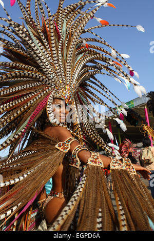 Model Soowan Bramble performs in a costume during Carnival in Trinidad. Stock Photo