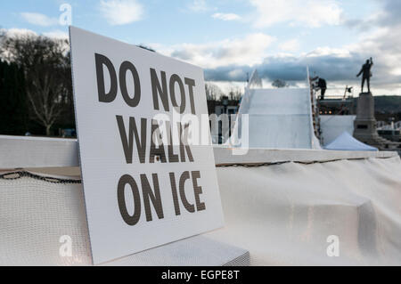 Sign at an ice track warning people not to walk on the ice Stock Photo