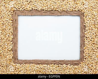 Frame of burlap and  barley in beans, lying on a white background Stock Photo