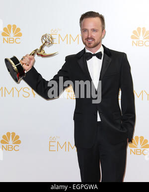 The 66th Primetime Emmy Awards at the Nokia Theatre - Pressroom Featuring: Aaron Paul Where: Los Angeles, California, United States When: 25 Aug 2014 Stock Photo