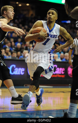 February 28, 2015: DePaul Blue Demons guard Darrick Wood (1) drives the ball forward during the NCAA men's basketball game between the Butler Bulldogs and the DePaul Blue Demons at the Allstate Arena in Rosemont, IL. Butler won 67-53 over DePaul. Patrick Gorski/CSM Stock Photo