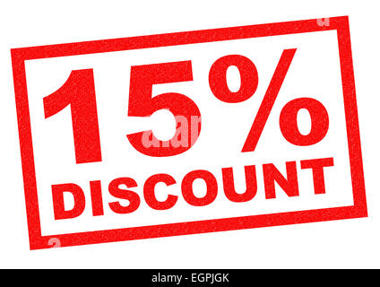 15% DISCOUNT red Rubber Stamp over a white background. Stock Photo