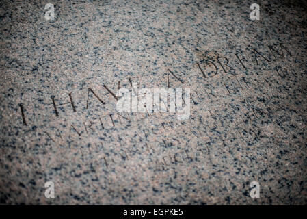 WASHINGTON DC, USA - A small plaque etched into marble on the steps of the Lincoln Memorial marks the spot where Dr. Martin Luther King delivered his famous address on August 28, 1963. Stock Photo