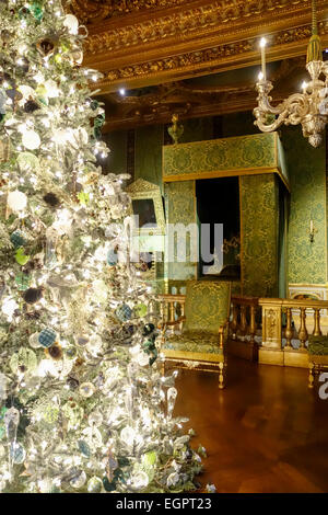 Christmas tree and decorations in the Kings bedroom at Chateau de Vaux-le-Vicomte, Maincy, Paris