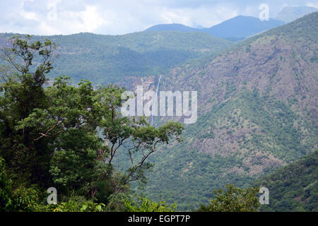 Landscape of Kodaikanal Tamil Nadu India Palani Hills and DIstant view of Rat Tail Water Falls Stock Photo