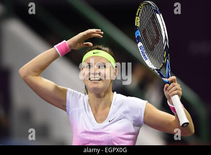 Doha. 28th Feb, 2015. Lucie Safarova of the Czech Republic celebrates after defeating Victoria Azarenka of Belarus in the women's singles final of the in Doha on Feb. 28, 2015. Lucie Safarova won 2-0 and claimed the title. Credit:  Chen Shaojin/Xinhua/Alamy Live News Stock Photo