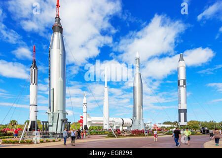 Rocket Garden with decommissioned intercontinental ballistic missiles within the NASA Space Centre, Cape Canaveral, Florida, USA Stock Photo