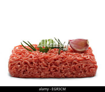 Beef minced meat with rosemary, parsley, garlic, isolated Stock Photo