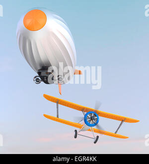 Airship and biplane flying in the sky Stock Photo