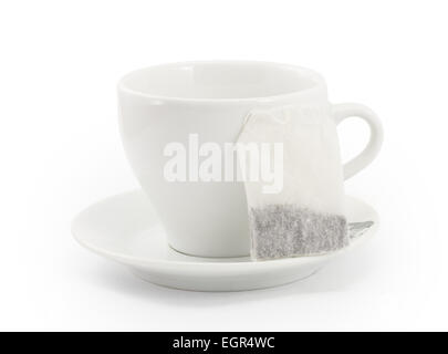 bags of black tea in a white cup Stock Photo