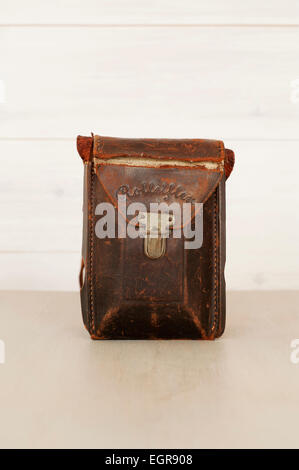 Leather case of a vintage Rolleiflex Twin Lens film camera. Stock Photo