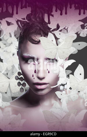 Woman's Face with Teardrops over Abstract Background Stock Photo